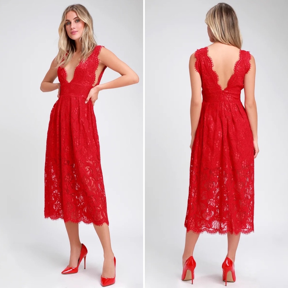 Lulus Loft Party Red Lace Sleeveless Midi